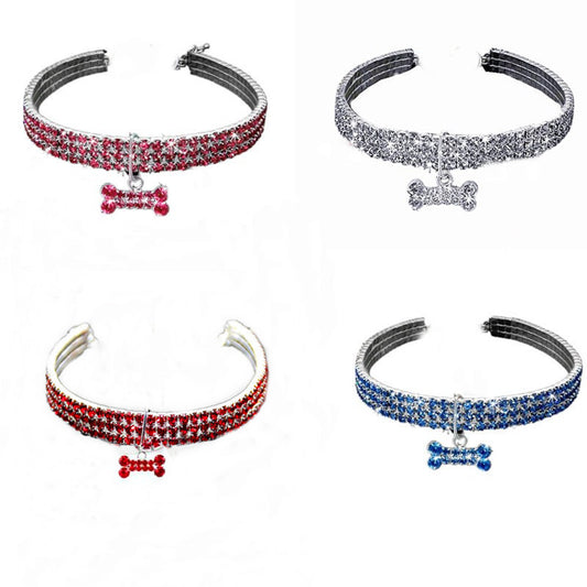 Three Rows Of Stretch Rhinestone Pet Collars Cat Dog Accessories Rhinestone Collars