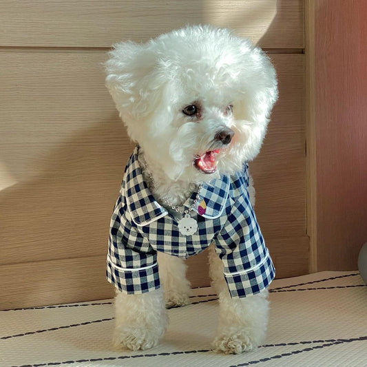 Checked Khaki Blue Pocket Pajamas Dog Home Wear Pet Poodle Clothes